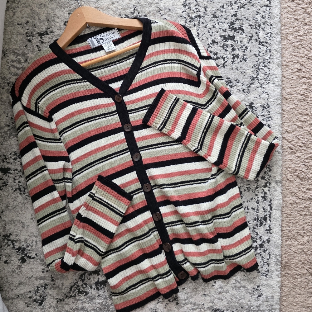 Vintage 90s Norton Studio Ribbed Cardigan Sweater Striped Womns M Cotton Actylic